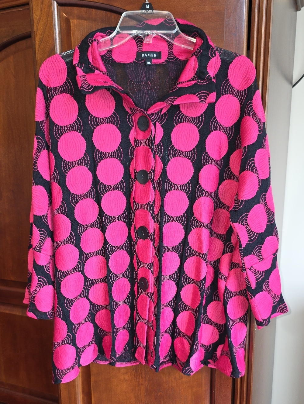 Damee Button-Front Shirt Jacket Pink Black Polka Dot XL